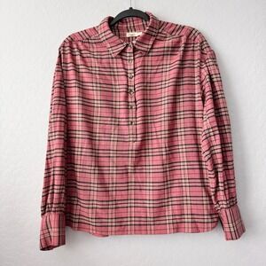 Faherty Medium Willa Plaid Top Pink Long Sleeve Henley Button Cuffs
